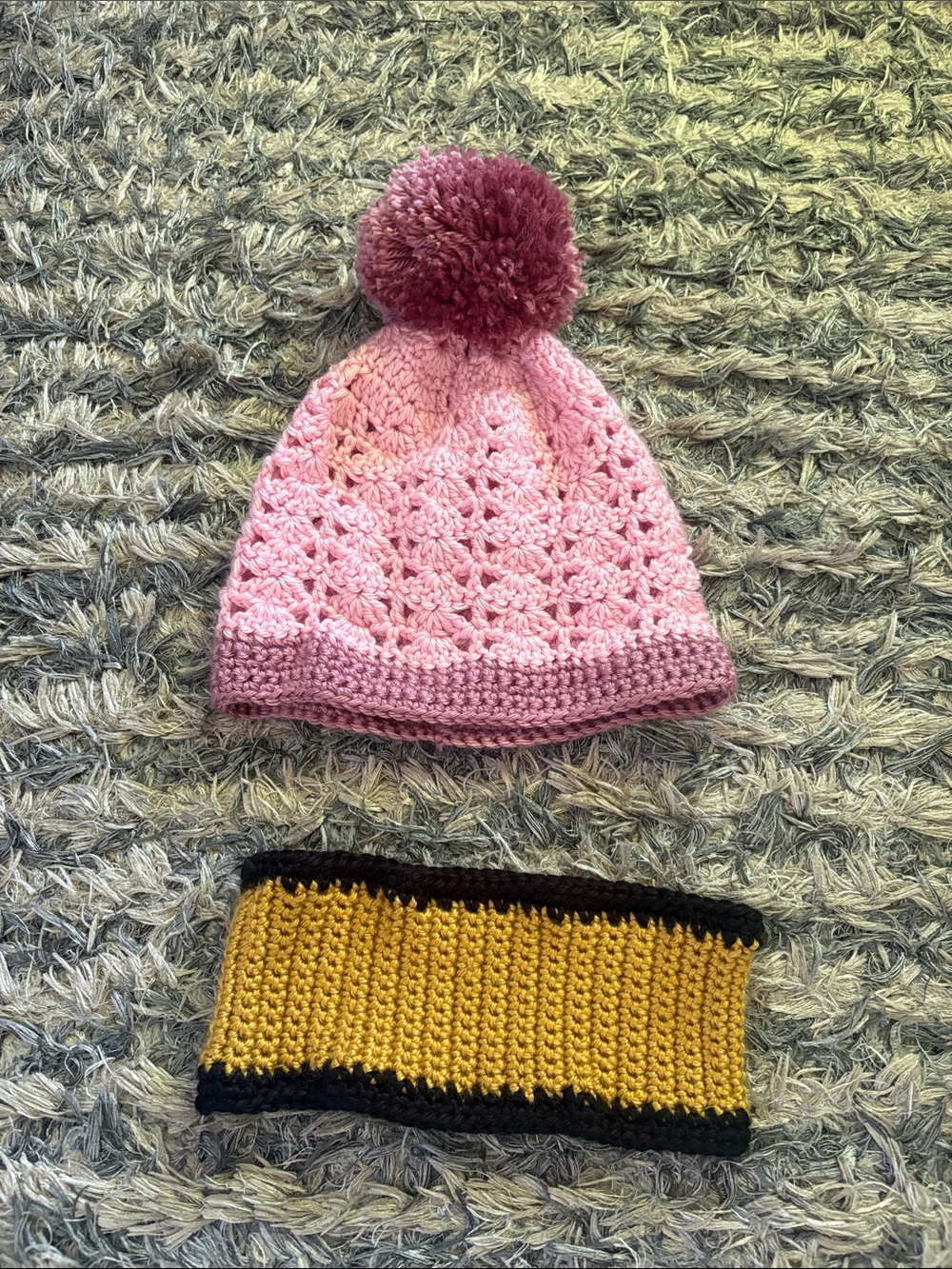 New ! Handmade Pink Crochet Beanie with Pom Pom + Headband
